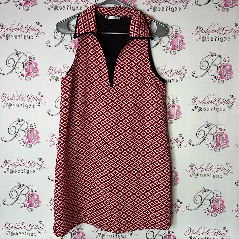Zara dress Red and White Geometric Mini Dress collared preppy medium